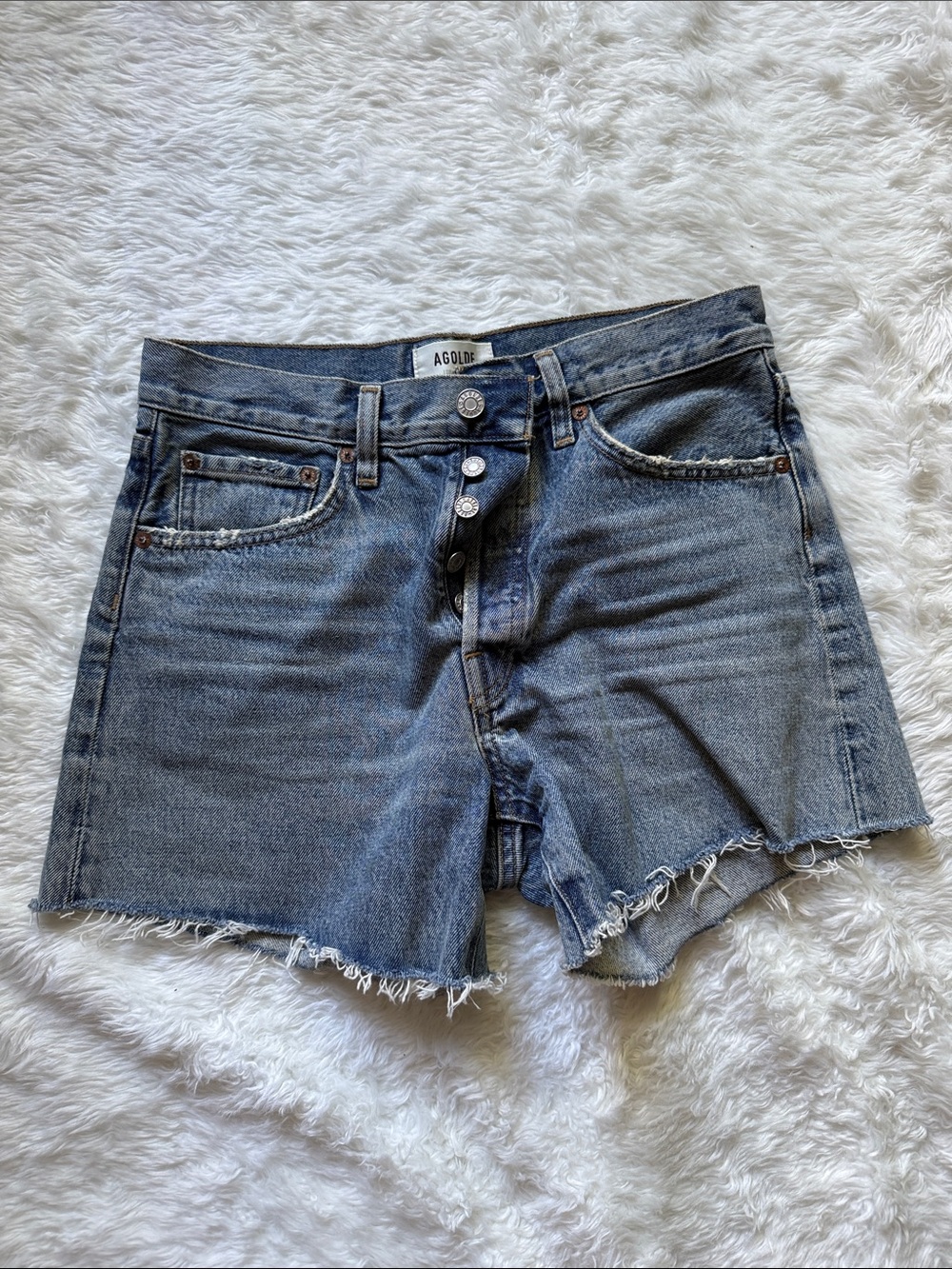 Agolde Blue High-Rise Button-Fly Raw Hem Jean Shorts